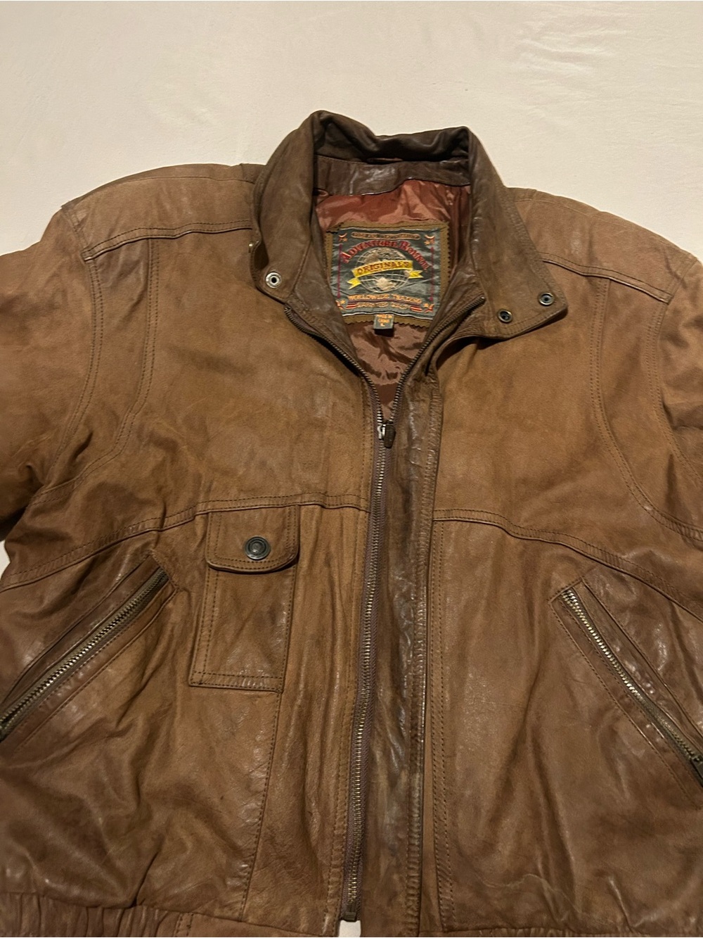 Men's Brown Leather Bomber Jacket - Classic Casual Bomber - Picture 5 of 11